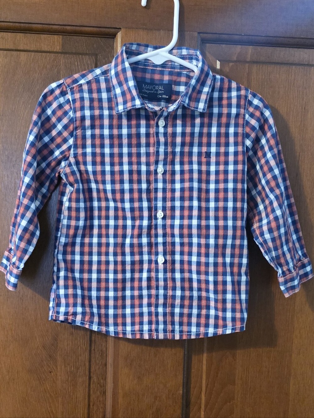 Mayoral Boys 12M Navy Red Plaid Button Down Shirt